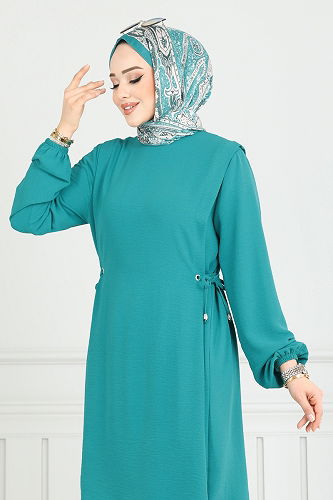 moda selvim Beli Bağcıklı Tesettür Takım 3004BM387 Açık Petrol - Thumbnail