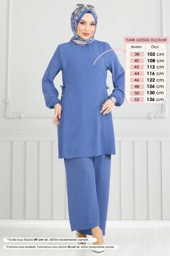 moda selvim Beli Bağcıklı Tesettür Takım 3004BM387 İndigo - Thumbnail
