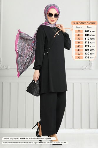 moda selvim Beli Bağcıklı Tesettür Takım 3004BM387 Siyah - Thumbnail
