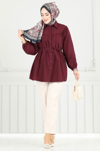 moda selvim Beli Bağcıklı Tesettür Tunik 184ASN888 Bordo - Thumbnail