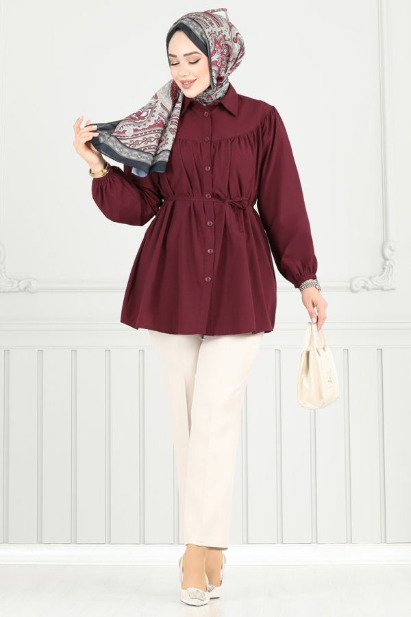 Modaselvim Tunik Beli Bağcıklı Tesettür Tunik 184ASN888 Bordo