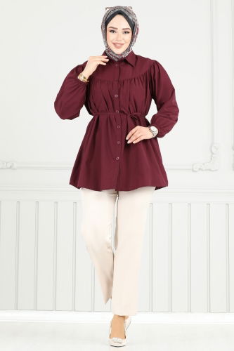 moda selvim Beli Bağcıklı Tesettür Tunik 184ASN888 Bordo - Thumbnail