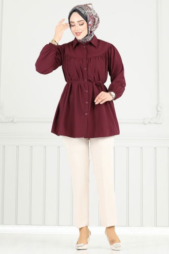 moda selvim Beli Bağcıklı Tesettür Tunik 184ASN888 Bordo - Thumbnail