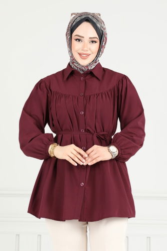 moda selvim Beli Bağcıklı Tesettür Tunik 184ASN888 Bordo - Thumbnail