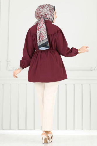 moda selvim Beli Bağcıklı Tesettür Tunik 184ASN888 Bordo - Thumbnail