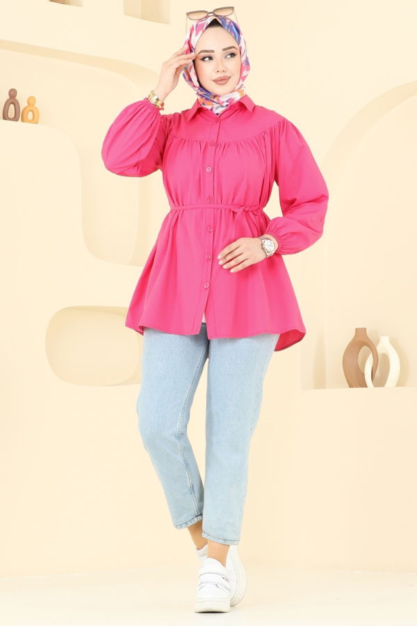 Modaselvim Tunik Beli Bağcıklı Tesettür Tunik 184ASN888 Fuşya