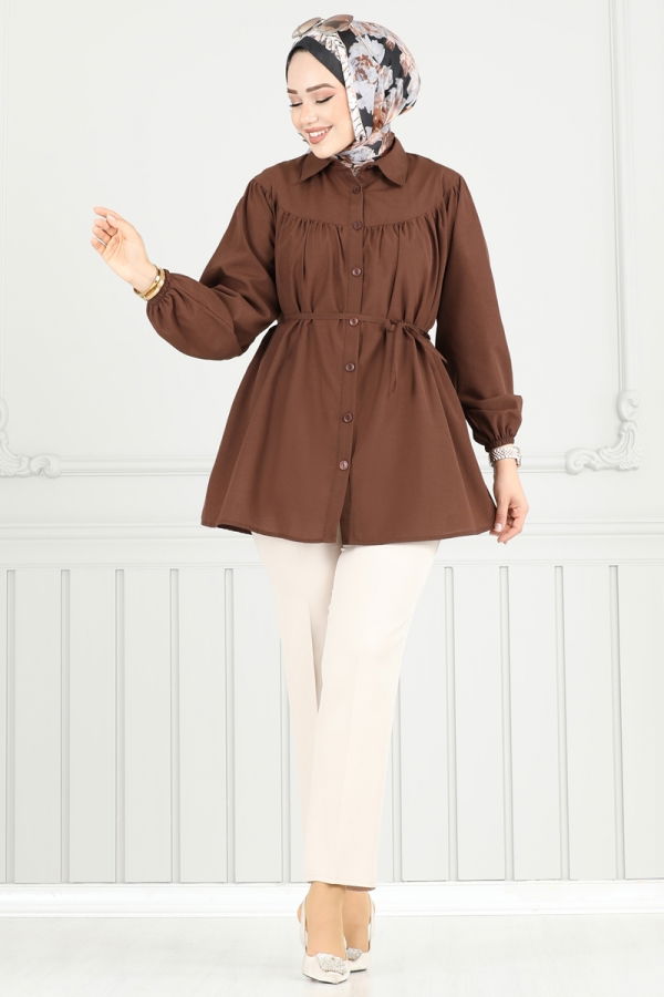 Modaselvim Tunik Beli Bağcıklı Tesettür Tunik 184ASN888 Kahve