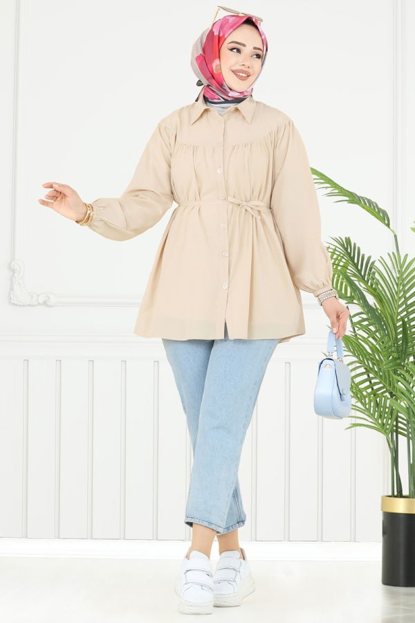 Modaselvim Tunik Beli Bağcıklı Tesettür Tunik 184ASN888 Taş