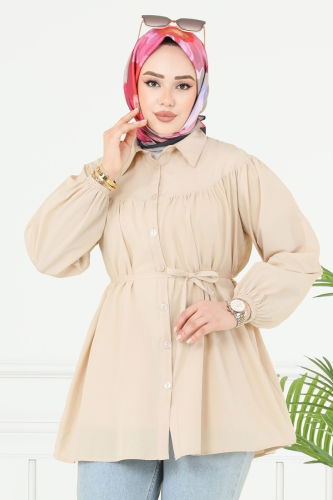 moda selvim Beli Bağcıklı Tesettür Tunik 184ASN888 Taş - Thumbnail