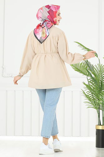 moda selvim Beli Bağcıklı Tesettür Tunik 184ASN888 Taş - Thumbnail