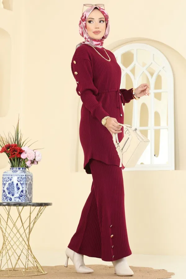 Modaselvim Kombin Beli Bağcıklı Triko Takım 2746AYD574 Bordo