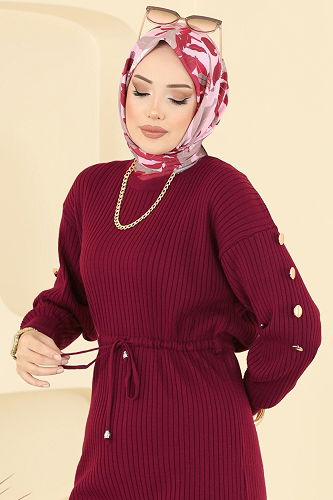 moda selvim Beli Bağcıklı Triko Takım 2746AYD574 Bordo - Thumbnail