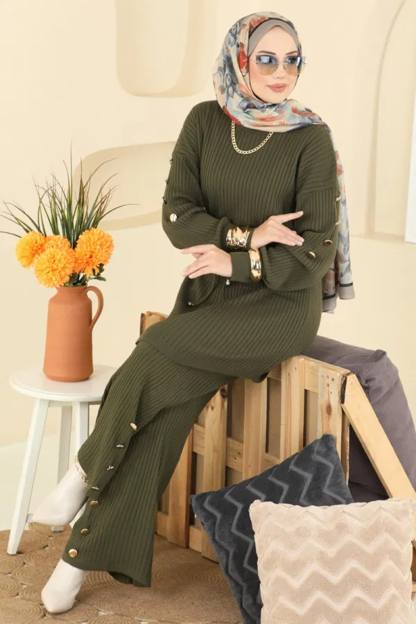 Modaselvim Kombin Beli Bağcıklı Triko Takım 2746AYD574 Haki