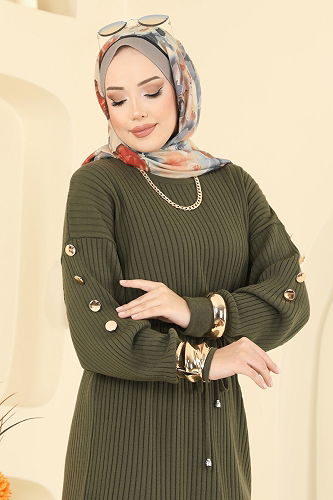 moda selvim Beli Bağcıklı Triko Takım 2746AYD574 Haki - Thumbnail