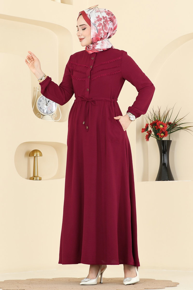 Beli Bağcıklı Uzun Elbise 6147ORG1169 Bordo