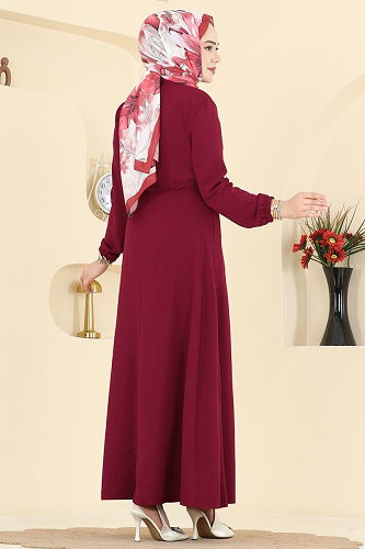 moda selvim Beli Bağcıklı Uzun Elbise 6147ORG1169 Bordo - Thumbnail