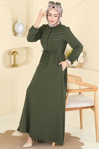 moda selvim Beli Bağcıklı Uzun Elbise 6147ORG1169 Haki - Thumbnail