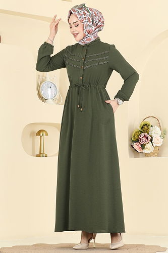 moda selvim Beli Bağcıklı Uzun Elbise 6147ORG1169 Haki - Thumbnail