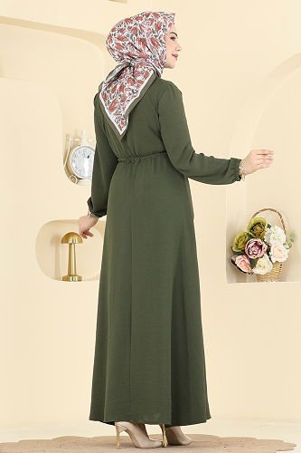 moda selvim Beli Bağcıklı Uzun Elbise 6147ORG1169 Haki - Thumbnail