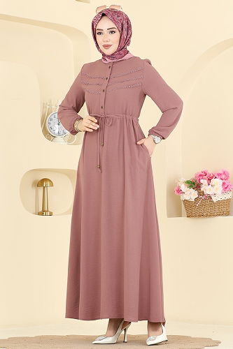 moda selvim Beli Bağcıklı Uzun Elbise 6147ORG1169 Koyu Gül Kurusu - Thumbnail