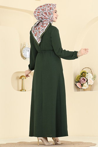 moda selvim Beli Bağcıklı Uzun Elbise 6147ORG1169 Koyu Haki - Thumbnail