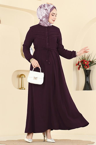 moda selvim Beli Bağcıklı Uzun Elbise 6147ORG1169 Koyu Mürdüm - Thumbnail