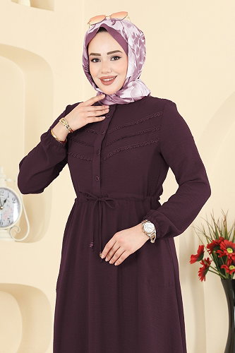 moda selvim Beli Bağcıklı Uzun Elbise 6147ORG1169 Mürdüm - Thumbnail