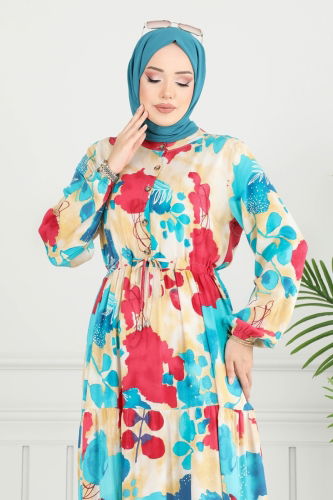 moda selvim Beli Bağcıklı Viskon Elbise 7124BG354 Açık Petrol - Thumbnail