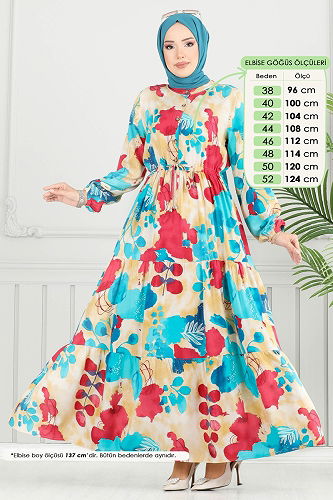 moda selvim Beli Bağcıklı Viskon Elbise 7124BG354 Açık Petrol - Thumbnail