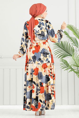 moda selvim Beli Bağcıklı Viskon Elbise 7124BG354 Antrasit - Thumbnail