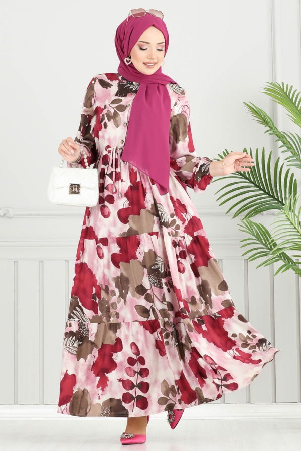 Modaselvim Elbise Beli Bağcıklı Viskon Elbise 7124BG354 Bordo