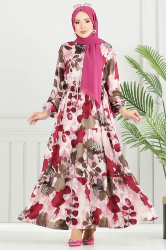 moda selvim Beli Bağcıklı Viskon Elbise 7124BG354 Bordo - Thumbnail