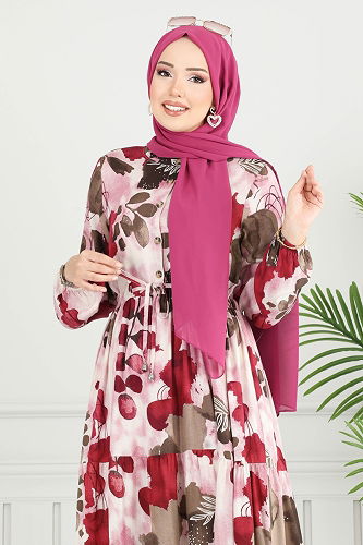 moda selvim Beli Bağcıklı Viskon Elbise 7124BG354 Bordo - Thumbnail