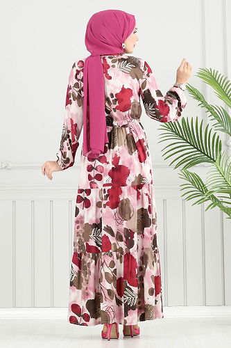 moda selvim Beli Bağcıklı Viskon Elbise 7124BG354 Bordo - Thumbnail