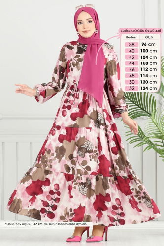 moda selvim Beli Bağcıklı Viskon Elbise 7124BG354 Bordo - Thumbnail