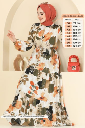 moda selvim Beli Bağcıklı Viskon Elbise 7124BG354 Haki - Thumbnail