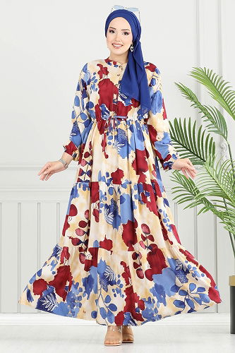 moda selvim Beli Bağcıklı Viskon Elbise 7124BG354 İndigo - Thumbnail