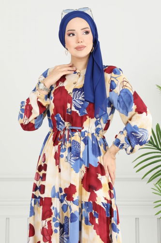 moda selvim Beli Bağcıklı Viskon Elbise 7124BG354 İndigo - Thumbnail