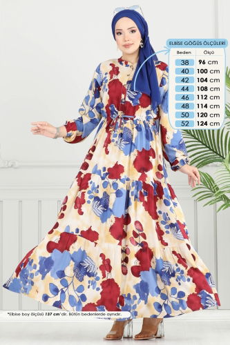 moda selvim Beli Bağcıklı Viskon Elbise 7124BG354 İndigo - Thumbnail