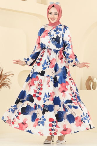 moda selvim Beli Bağcıklı Viskon Elbise 7124BG354 Saks - Thumbnail