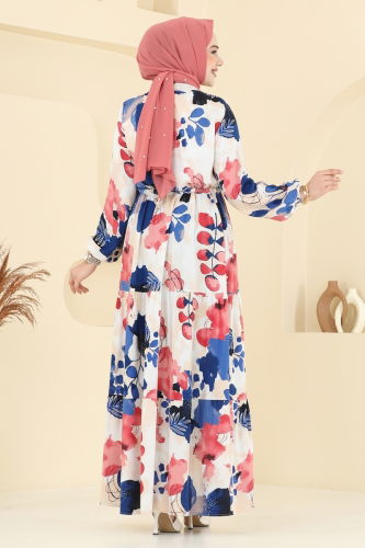 moda selvim Beli Bağcıklı Viskon Elbise 7124BG354 Saks - Thumbnail