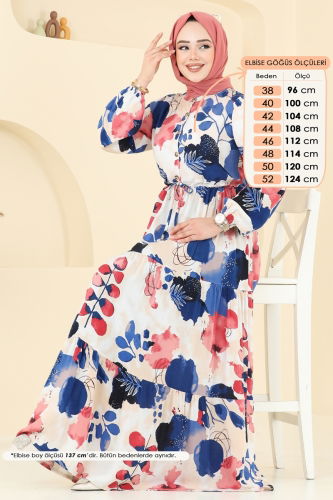moda selvim Beli Bağcıklı Viskon Elbise 7124BG354 Saks - Thumbnail