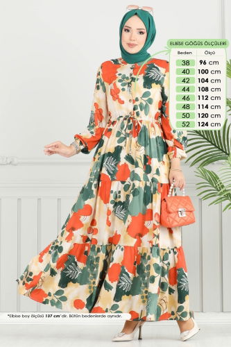 moda selvim Beli Bağcıklı Viskon Elbise 7124BG354 Zümrüt - Thumbnail