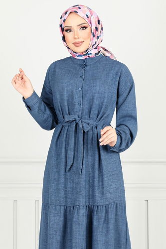 moda selvim Beli Bağlamalı Elbise 16162BSK984-M İndigo - Thumbnail