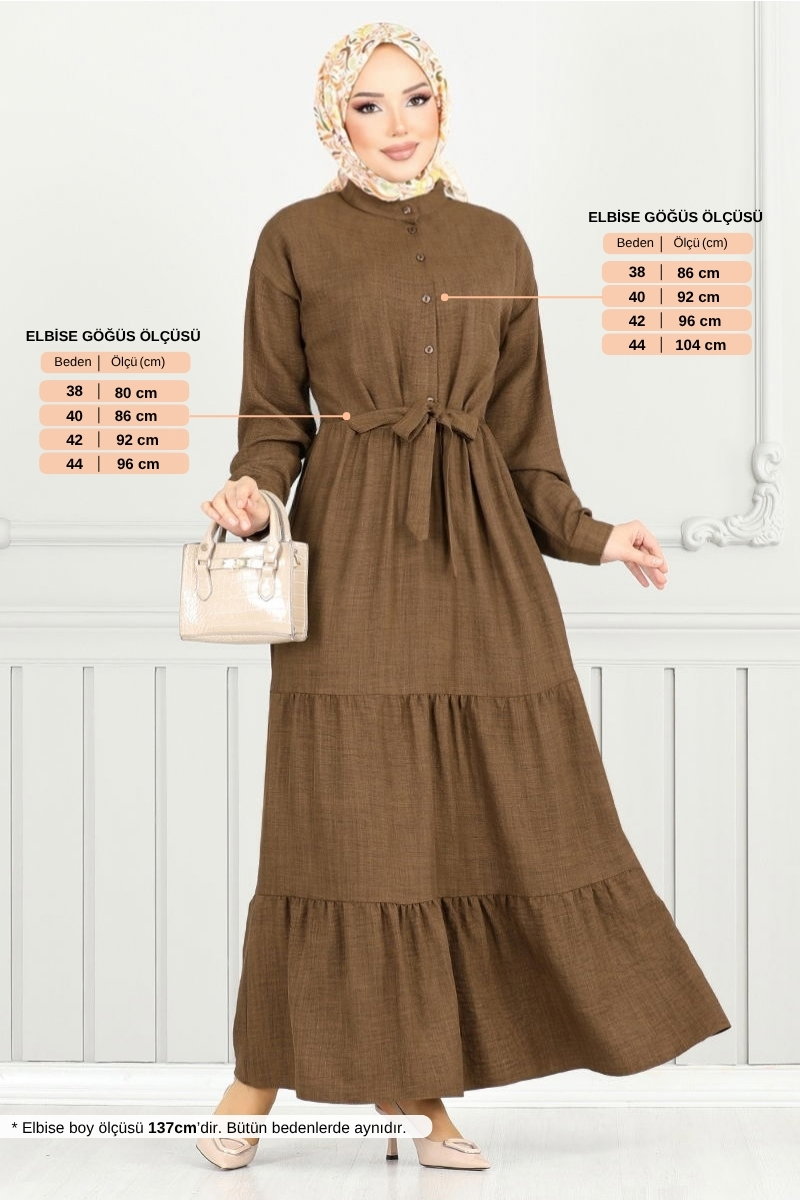 Beli Bağlamalı Elbise 16162BSK984-M Kahve