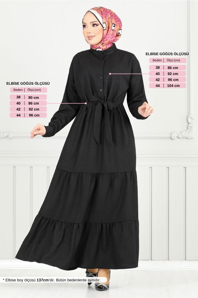 Beli Bağlamalı Elbise 16162BSK984-M Siyah