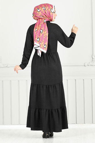 moda selvim Beli Bağlamalı Elbise 16162BSK984-M Siyah - Thumbnail