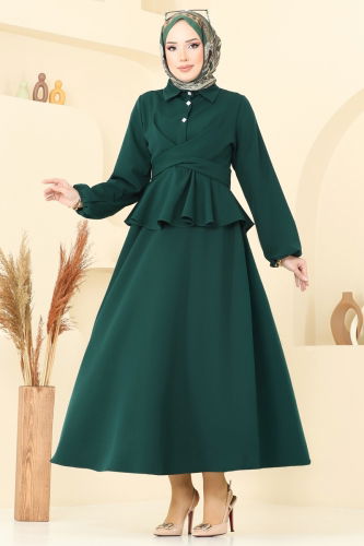 moda selvim Beli Bağlamalı Etekli Takım 0684ALG474 Zümrüt - Thumbnail