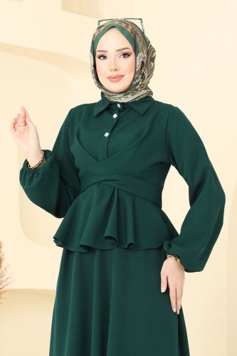 moda selvim Beli Bağlamalı Etekli Takım 0684ALG474 Zümrüt - Thumbnail