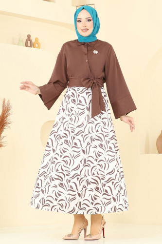 moda selvim Beli Bağlamalı Etekli Takım 262ASN888 Kahve - Thumbnail